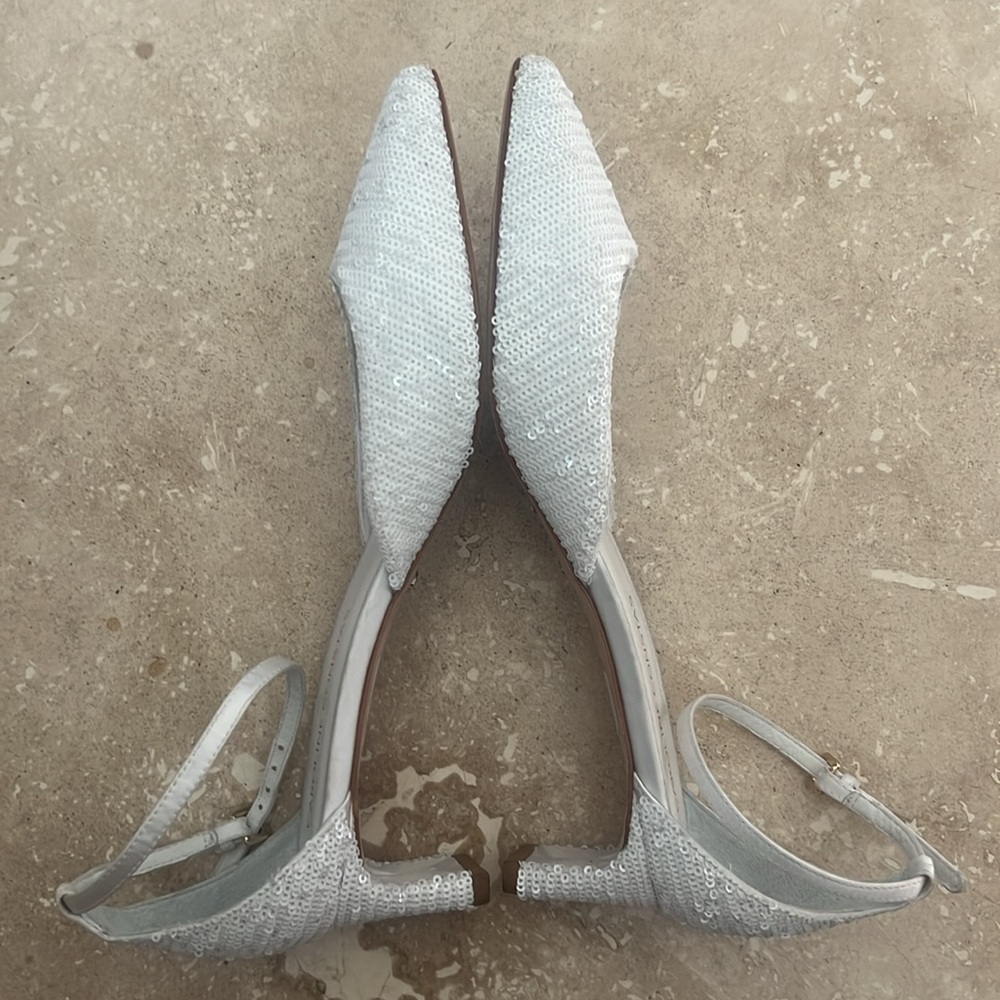 Caroline Constas Glittering Sequined White Heels Shoes - Picture 6 of 16